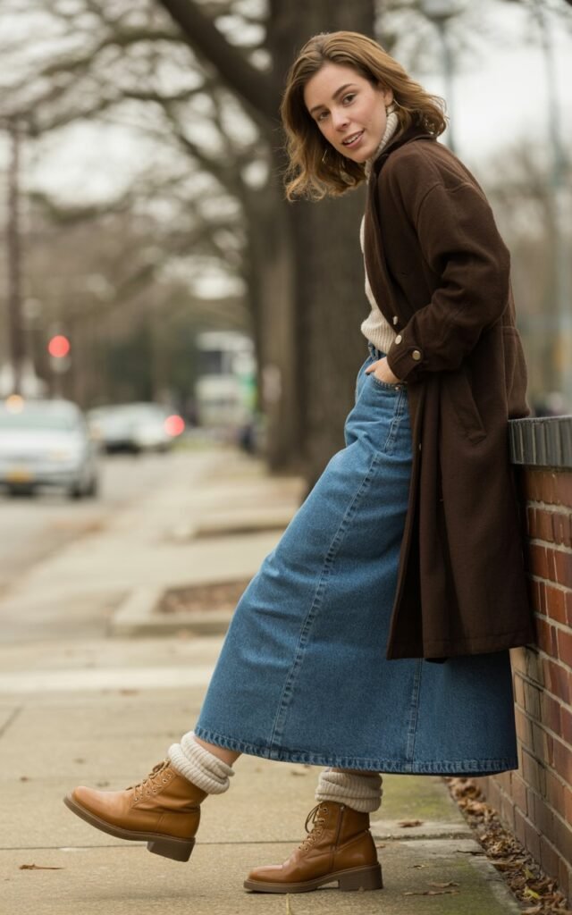 A natural-looking young woman wearing a long jean skirt paired with ankle boots and visible cozy socks. Theme jean skirt outfits winter