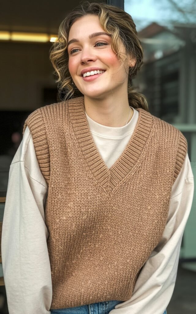 A natural-looking young woman wearing a long-sleeve tee layered under a sleeveless sweater vest. Theme cute casual winter outfits