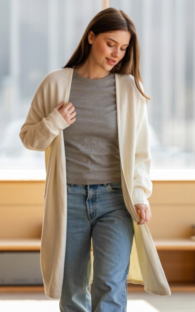 A natural-looking young woman wearing a longline cardigan over a fitted tee paired with relaxed denim. Theme cute casual winter outfits