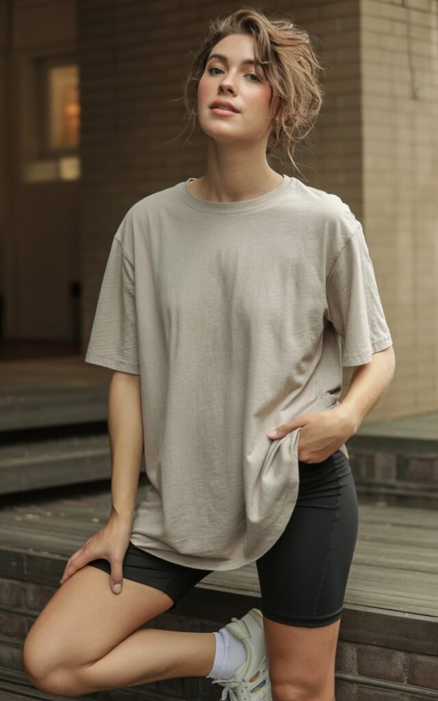 A natural-looking young woman wearing a longline tee paired with biker shorts and athletic sneakers. Theme chill outfits