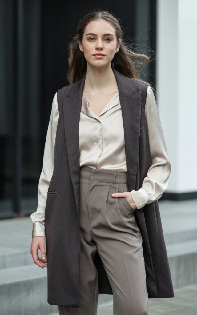 A natural-looking young woman wearing a longline vest layered over a neutral top and tailored pants. Theme semi formal outfits for women