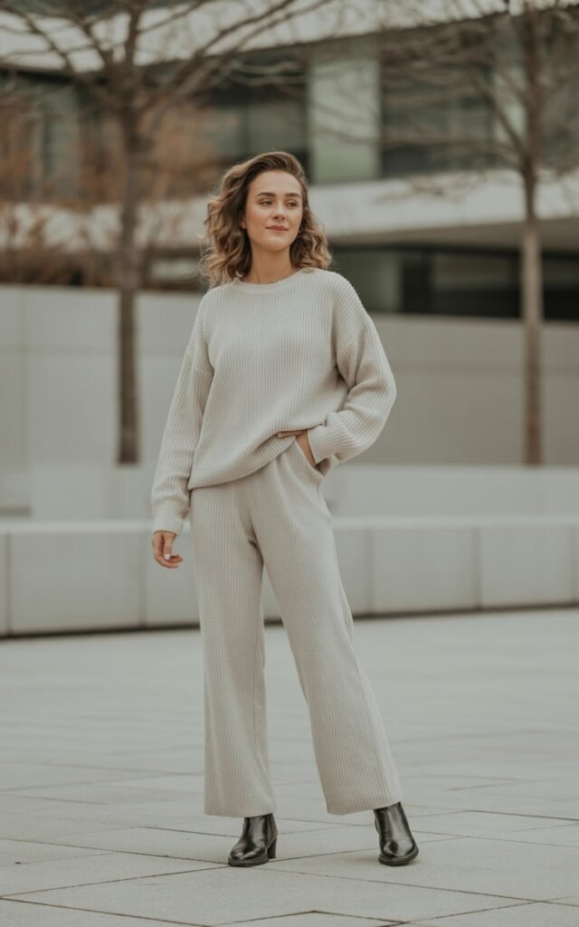 A natural-looking young woman wearing a matching knit set styled with sleek ankle boots. Theme winter outfits aesthetic