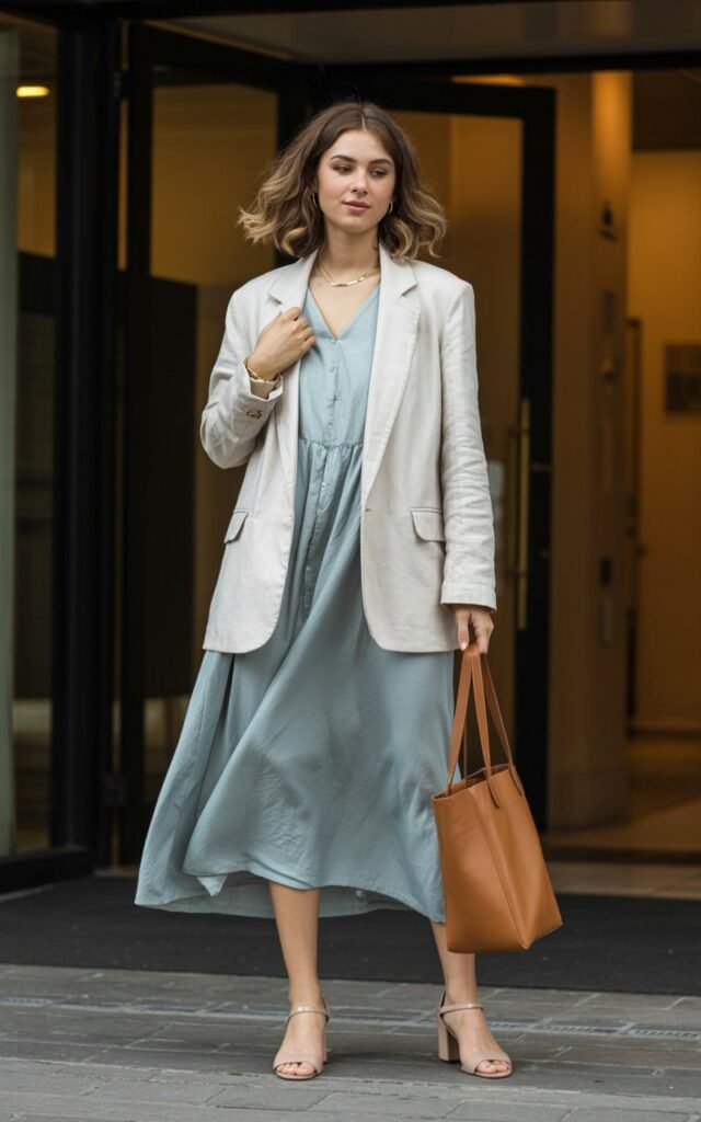 A natural-looking young woman wearing a midi dress layered with a lightweight jacket. Theme casual work outfits