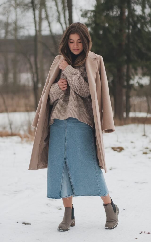 A natural-looking young woman wearing a midi jean skirt layered with an oversized knit sweater and ankle boots. Theme jean skirt outfits winter