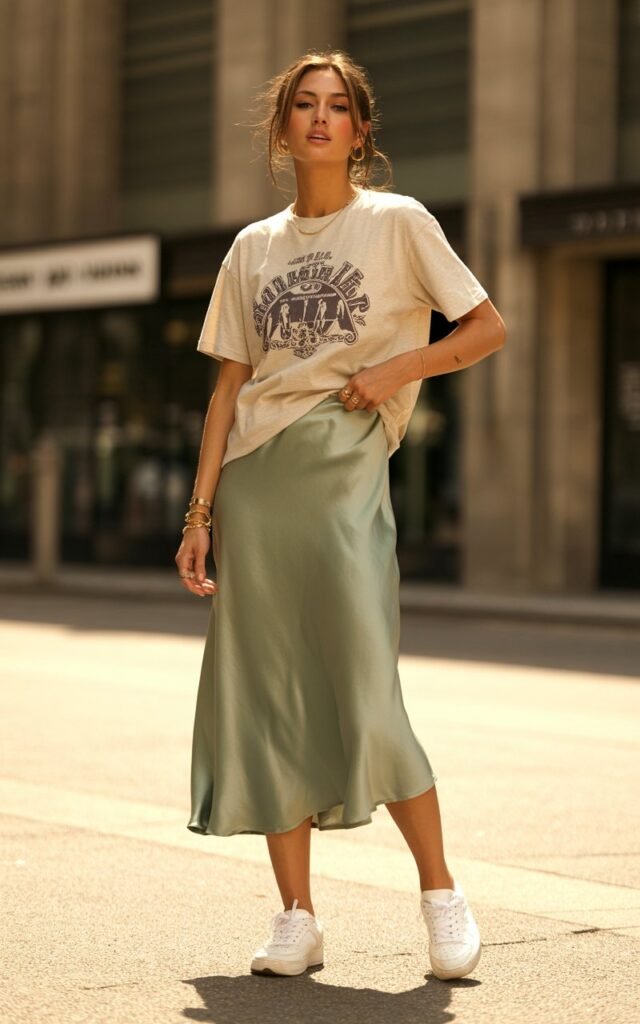 A natural-looking young woman wearing a midi slip skirt paired with a relaxed graphic tee. Theme stylish outfits