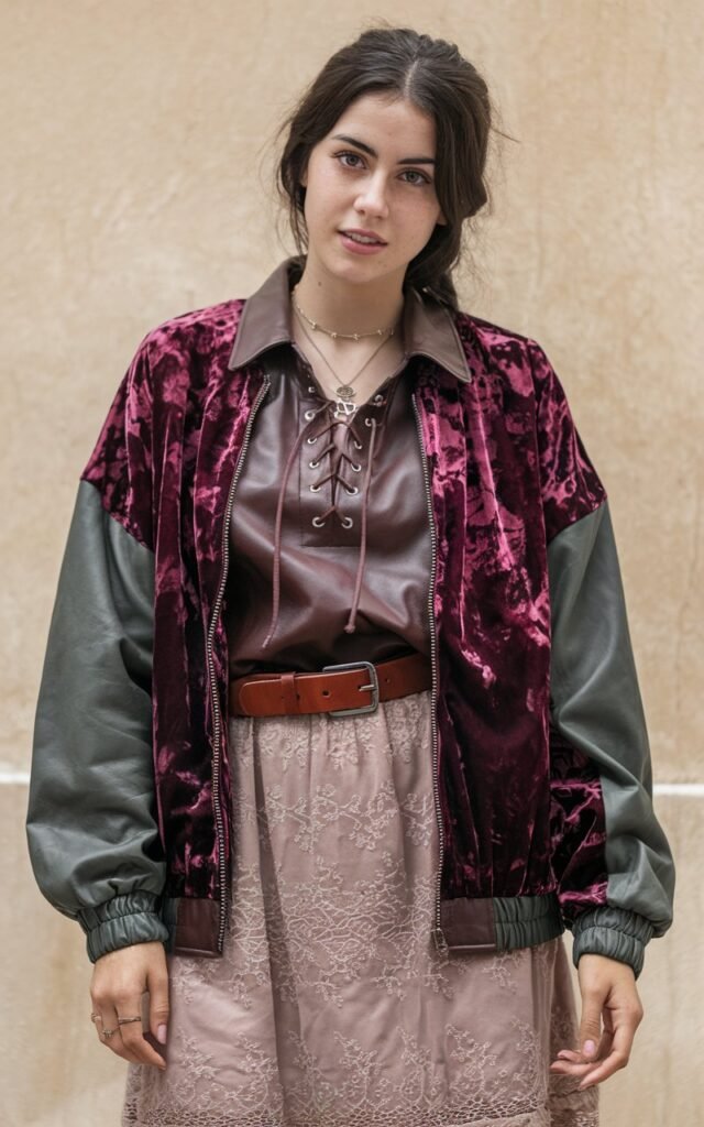 A natural-looking young woman wearing a mix of velvet, leather, and lace textures. Theme 80s outfits