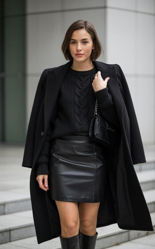 A natural-looking young woman wearing a monochrome black leather skirt outfit with mixed winter textures. Theme leather skirt outfit winter