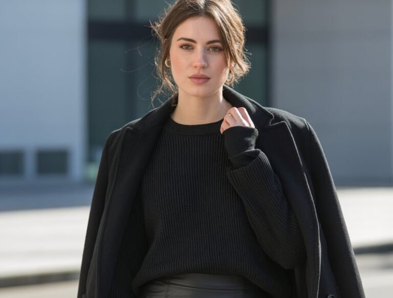 A natural-looking young woman wearing a monochrome black outfit featuring a black mini skirt and layered winter pieces. Theme black mini skirt outfit winter