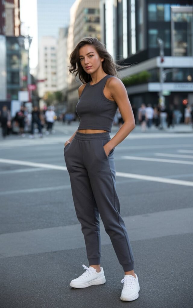 A natural-looking young woman wearing a monochrome matching set paired with comfortable sneakers and a city backdrop. Theme downtown outfits