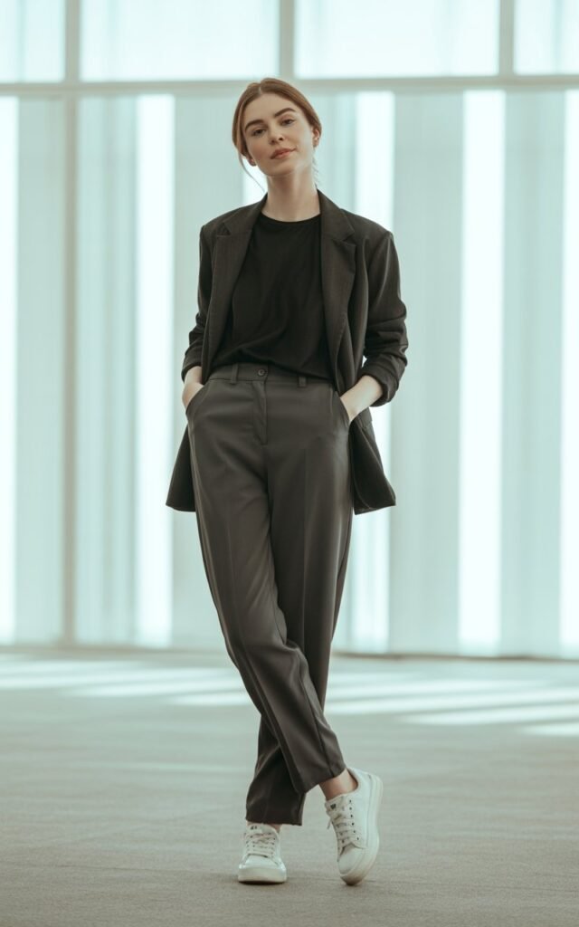 A natural-looking young woman wearing a monochrome outfit finished with clean white sneakers. Theme casual work outfits