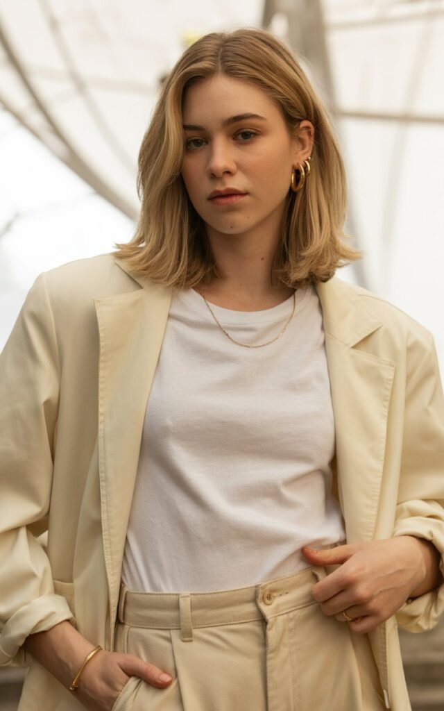 A natural-looking young woman wearing a monochrome outfit in neutral 1990s tones. Theme rachel green outfits