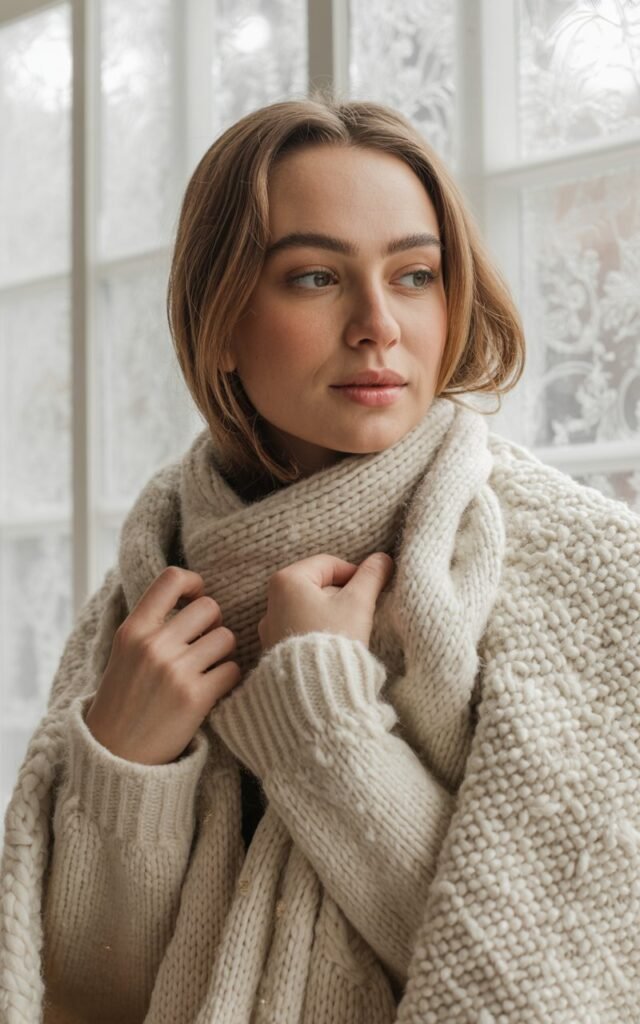 A natural-looking young woman wearing a monochrome outfit in warm winter tones with mixed textures. Theme winter outfits aesthetic