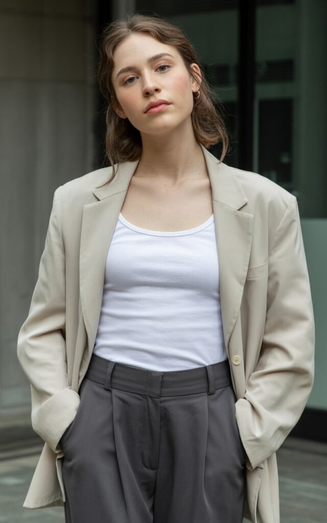 A natural-looking young woman wearing a neutral blazer layered over a simple tank and tailored trousers. Theme stylish outfits