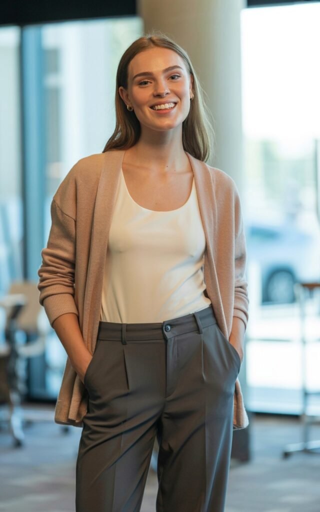 A natural-looking young woman wearing a neutral cardigan layered over a simple tank top with tailored trousers. Theme casual work outfits