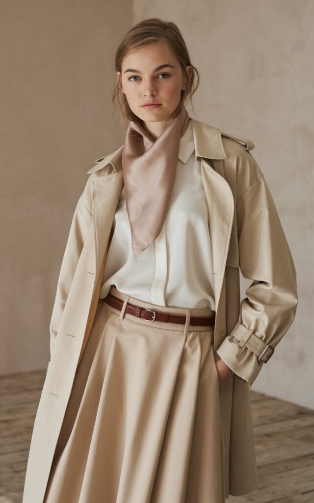 A natural-looking young woman wearing a neutral color palette outfit with subtle layering. Theme stylish outfits