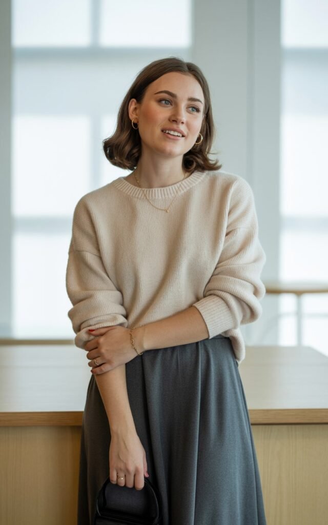 A natural-looking young woman wearing a neutral knit top paired with a midi skirt. Theme casual work outfits