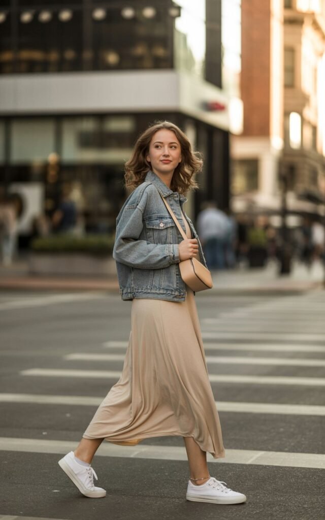 A natural-looking young woman wearing a neutral maxi dress layered with a classic denim jacket and comfortable footwear. Theme downtown outfits