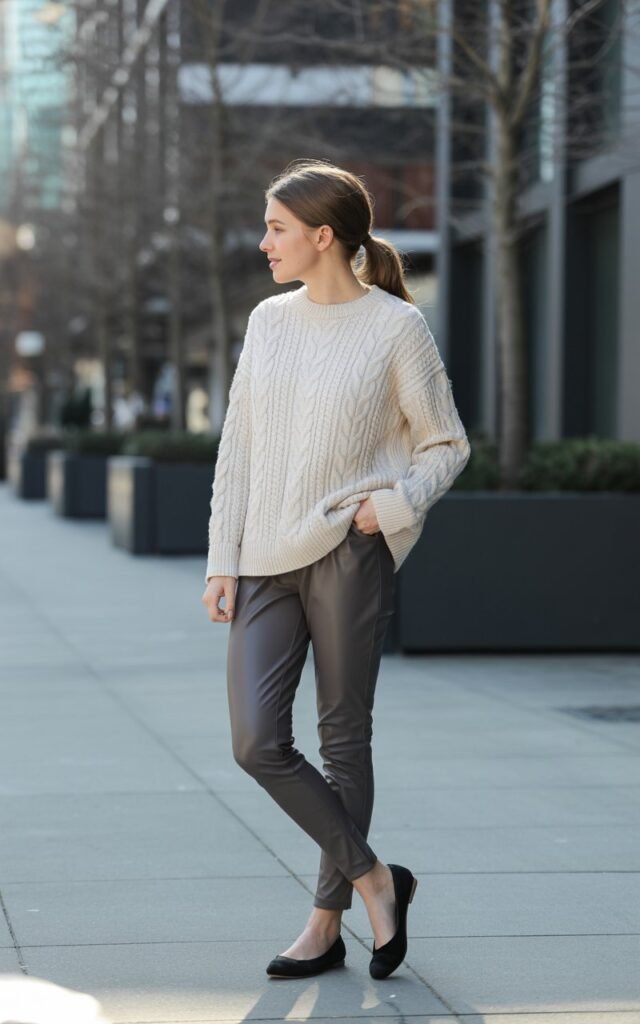 A natural-looking young woman wearing a neutral pullover styled with faux-leather leggings and flats. Theme cute casual winter outfits