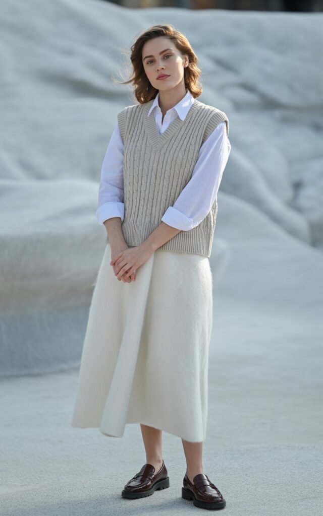 A natural-looking young woman wearing a neutral sweater vest layered over a button-down shirt with a white skirt and loafers. Theme white skirt outfit winter