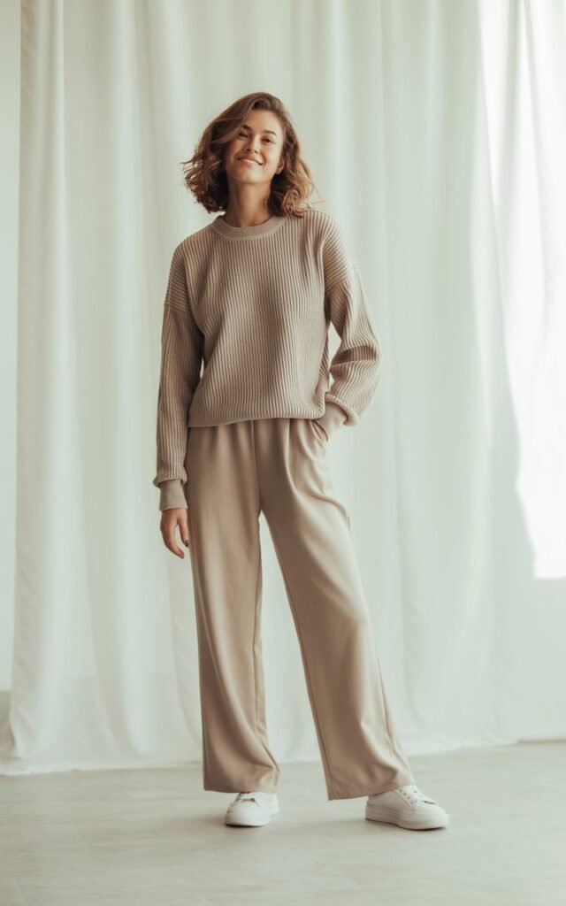 A natural-looking young woman wearing a neutral-toned monochrome matching set with minimalist sneakers. Theme chill outfits