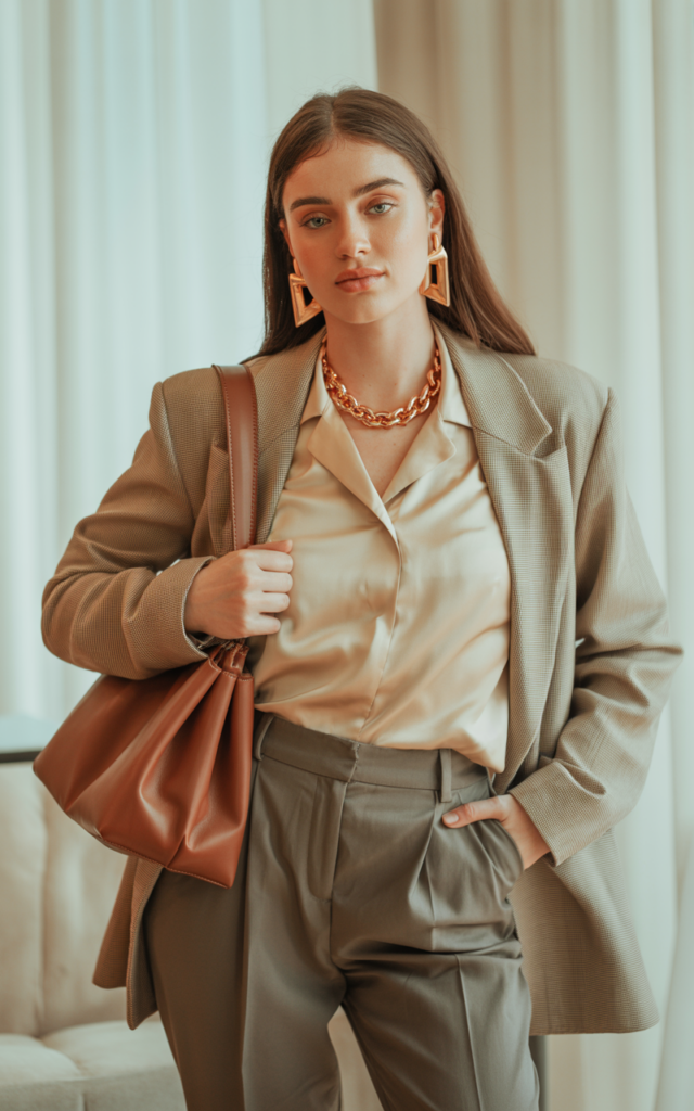 A natural-looking young woman wearing a neutral-toned outfit completed with bold statement accessories. Theme semi formal outfits for women