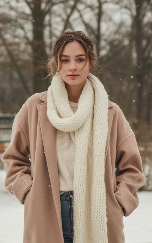 A natural-looking young woman wearing a neutral wool coat layered with a chunky scarf over a simple winter outfit. Theme winter outfits aesthetic