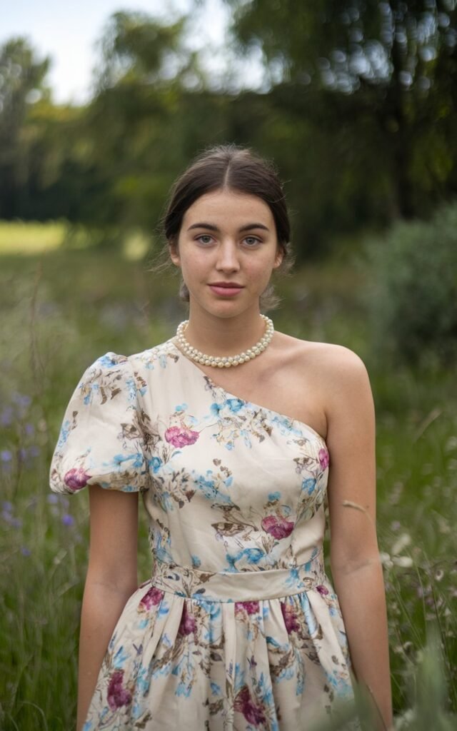 A natural-looking young woman wearing a one-shoulder dress for instant drama. Theme 80s outfits