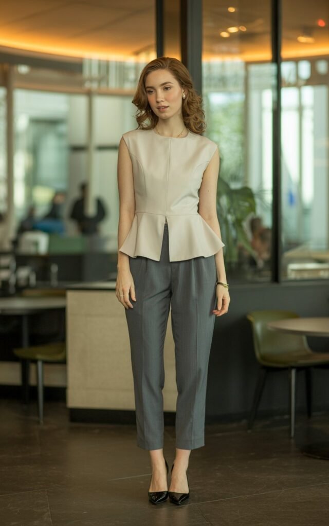 A natural-looking young woman wearing a peplum top paired with fitted ankle-length pants and sleek shoes. Theme semi formal outfits for women