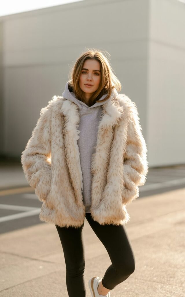 A natural-looking young woman wearing a plush faux fur coat styled with a casual hoodie and leggings. Theme faux fur coat outfit