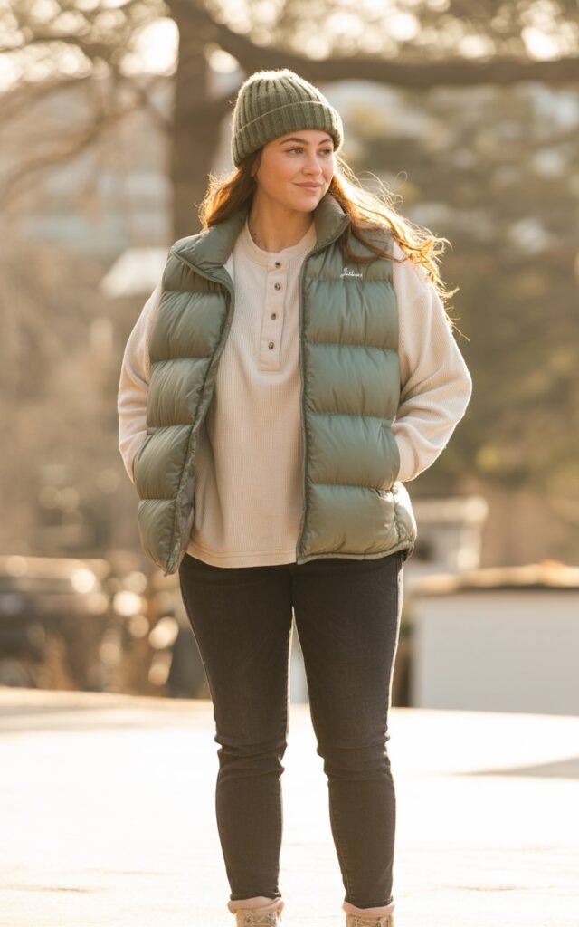 A natural-looking young woman wearing a puffer vest layered over a thermal top with skinny jeans. Theme cute casual winter outfits