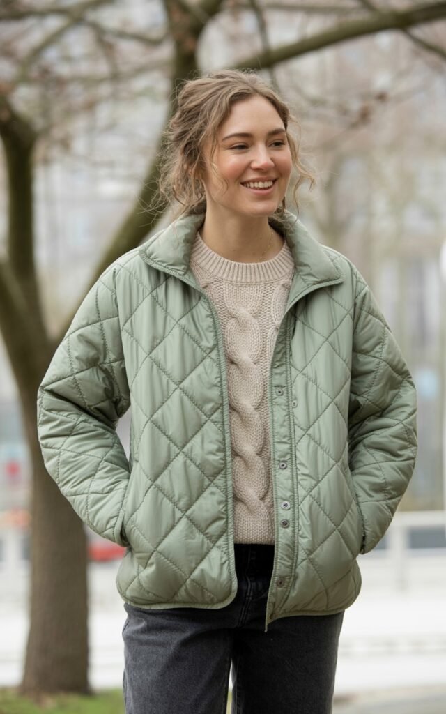 A natural-looking young woman wearing a quilted jacket layered over a simple everyday outfit. Theme cute casual winter outfits
