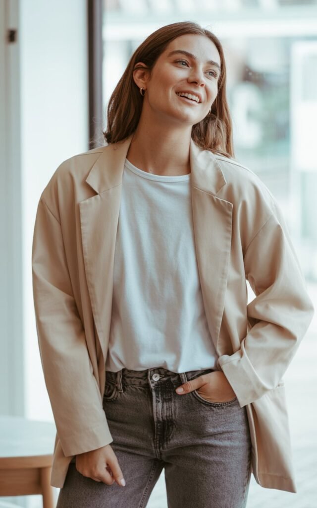 A natural-looking young woman wearing a relaxed blazer layered over a casual tee and denim jeans. Theme chill outfits