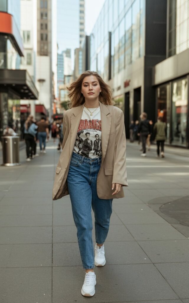 A natural-looking young woman wearing a relaxed blazer layered over a graphic tee with classic blue jeans and sneakers. Theme downtown outfits