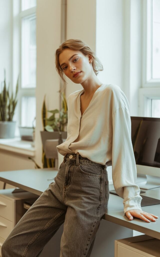 A natural-looking young woman wearing a relaxed blouse styled with dark-wash jeans. Theme casual work outfits