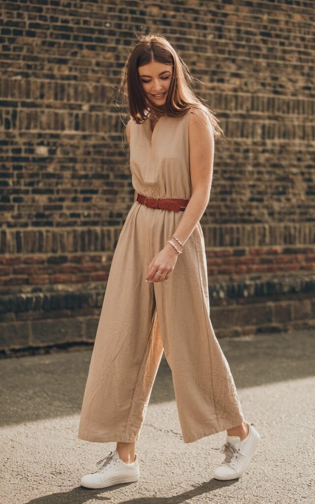 A natural-looking young woman wearing a relaxed jumpsuit styled with clean, minimal accessories. Theme stylish outfits