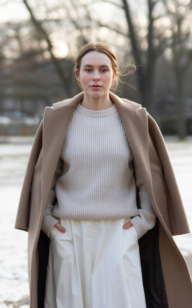 A natural-looking young woman wearing a ribbed knit top with a white skirt and a long winter coat. Theme white skirt outfit winter
