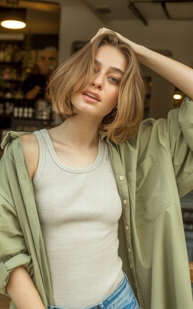 A natural-looking young woman wearing a ribbed tank top layered under an open button-down shirt. Theme rachel green outfits