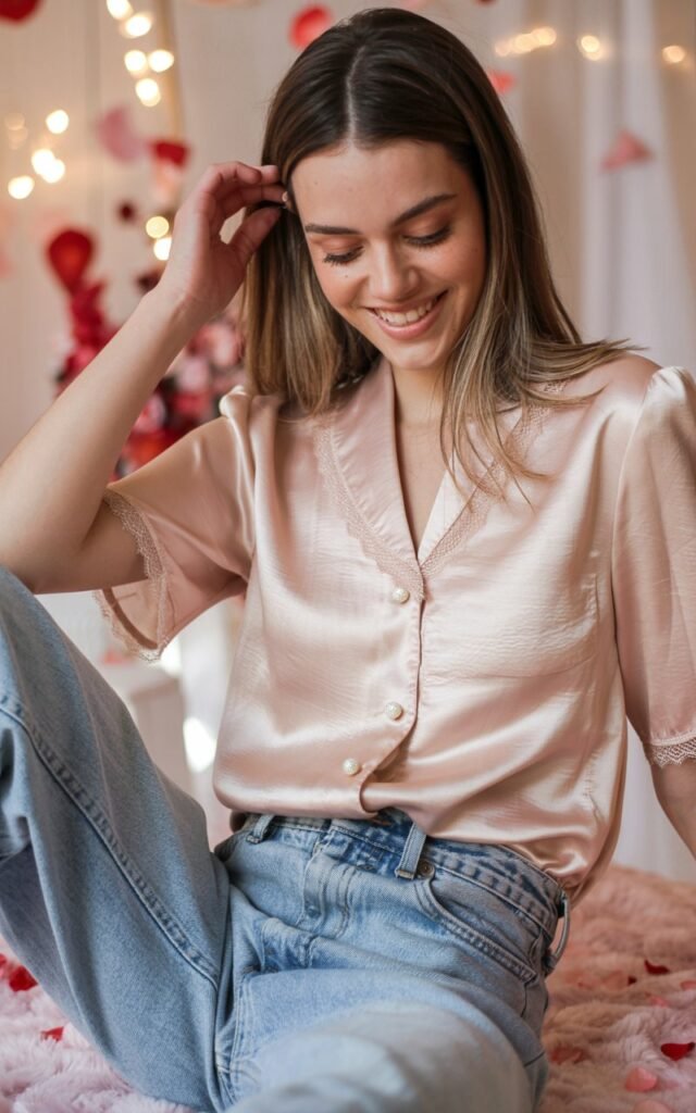 A natural-looking young woman wearing a romantic blouse styled with relaxed high-waist jeans. Theme valentines day outfits