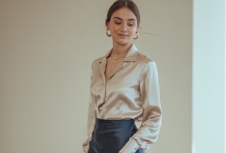 A natural-looking young woman wearing a silk blouse styled with a flowing midi skirt and delicate accessories. Theme semi formal outfits for women