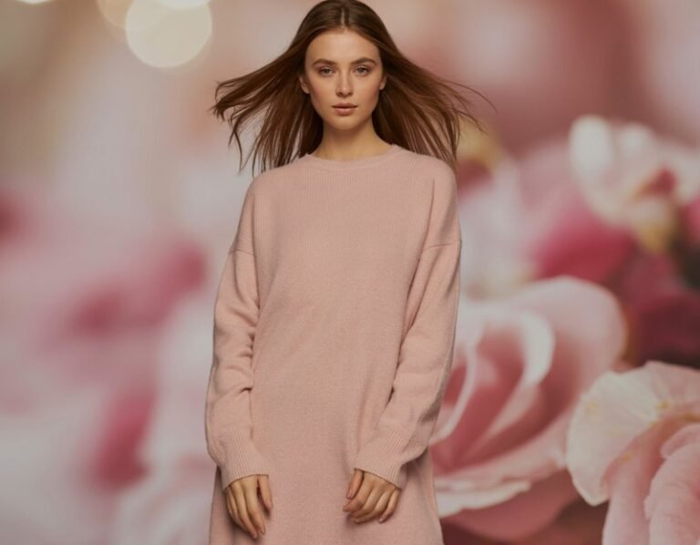 A natural-looking young woman wearing a simple sweater dress styled with statement boots. Theme valentines day outfits