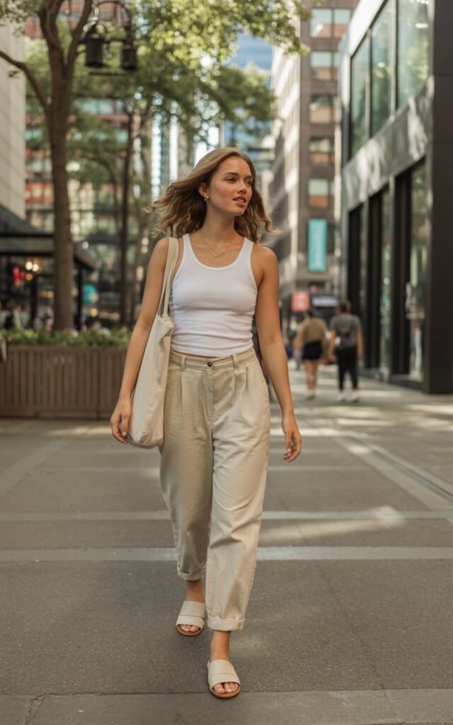 A natural-looking young woman wearing a simple tank top paired with breezy linen pants and slide sandals. Theme downtown outfits