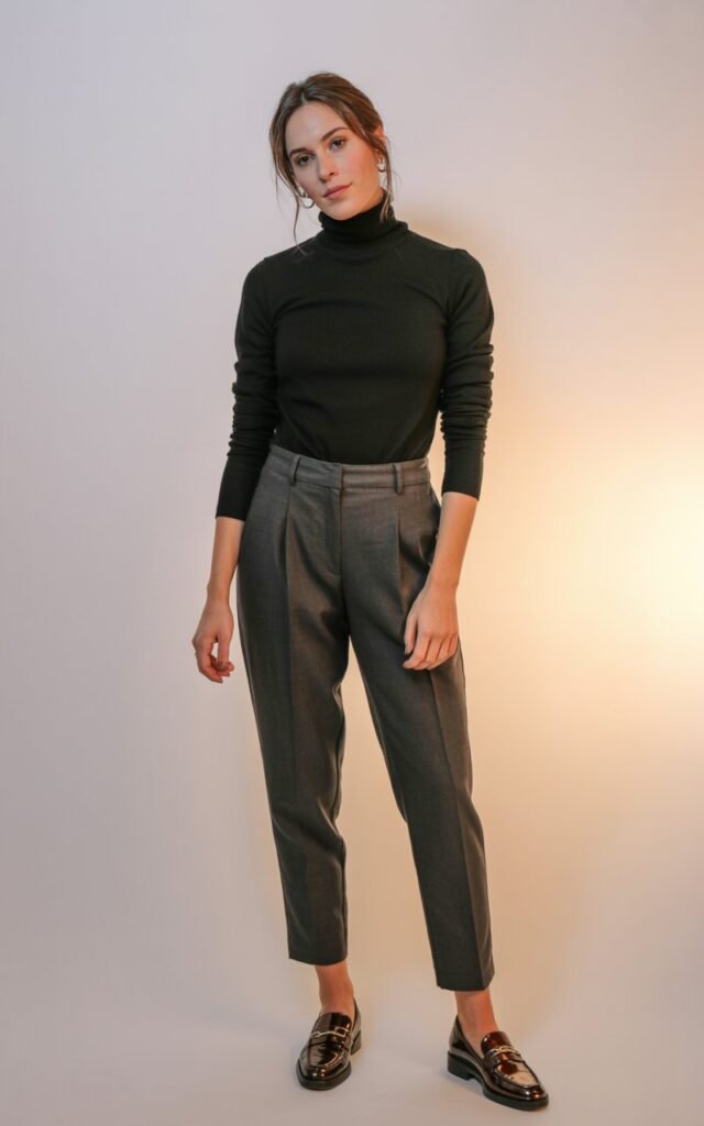 A natural-looking young woman wearing a sleek turtleneck paired with ankle-length pants and loafers. Theme semi formal outfits for women