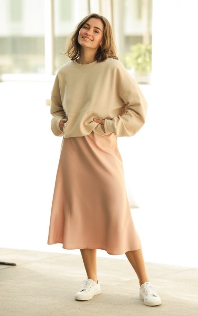 A natural-looking young woman wearing a slip skirt dressed down with a cozy sweatshirt and sneakers. Theme chill outfits