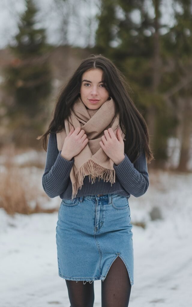 A natural-looking young woman wearing a slit denim skirt layered with thermal tights and a cozy winter top. Theme jean skirt outfits winter