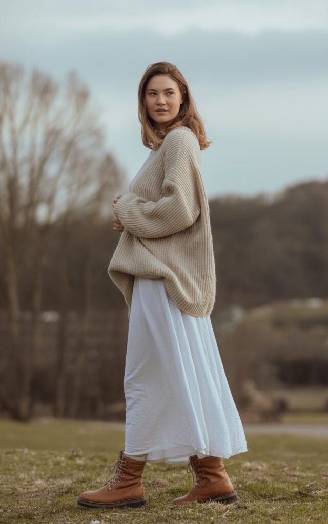 A natural-looking young woman wearing a slouchy oversized sweater paired with a white maxi skirt and winter boots. Theme white skirt outfit winter