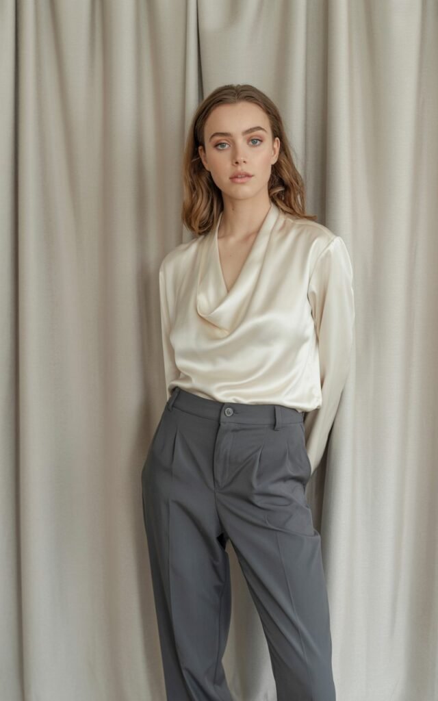 A natural-looking young woman wearing a soft blouse tucked into tailored ankle pants. Theme stylish outfits