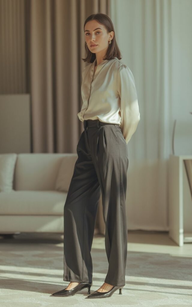 A natural-looking young woman wearing a soft blouse tucked into wide-leg trousers with pointed flats. Theme semi formal outfits for women