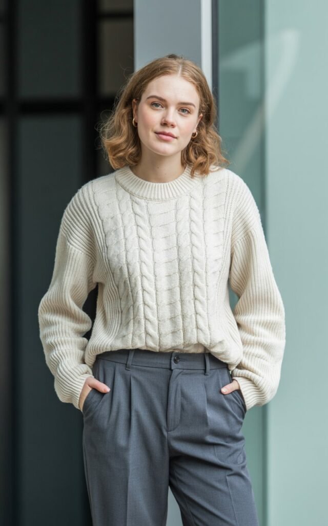 A natural-looking young woman wearing a soft knit sweater tucked into high-waisted work pants. Theme casual work outfits