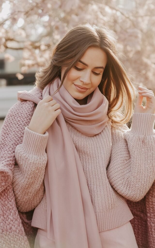 A natural-looking young woman wearing a soft pink monochrome outfit with mixed textures. Theme valentines day outfits