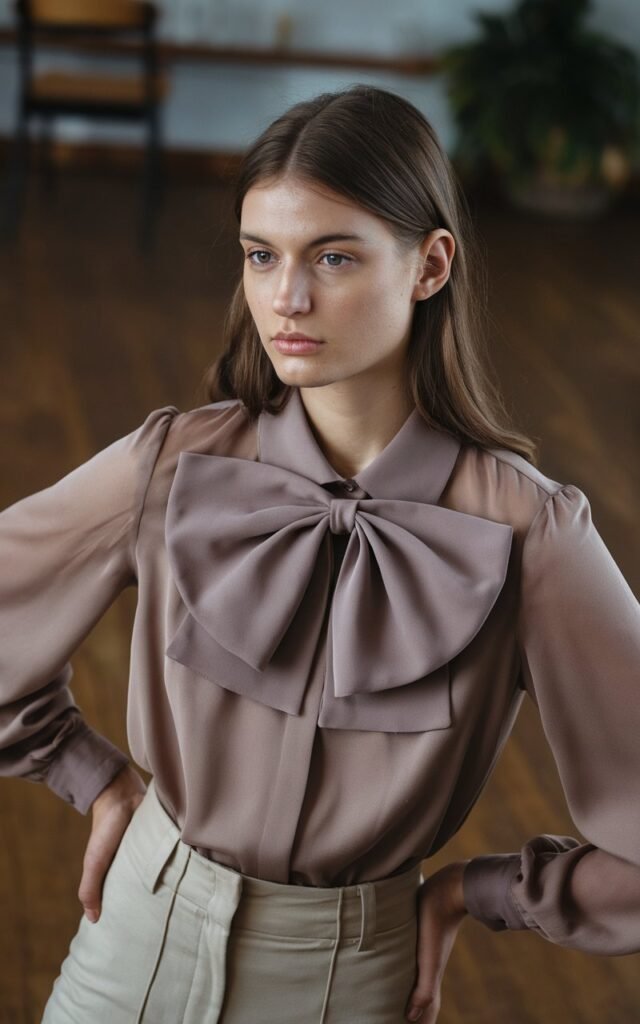 A natural-looking young woman wearing a statement bow on her collar or in her hair. Theme 80s outfits